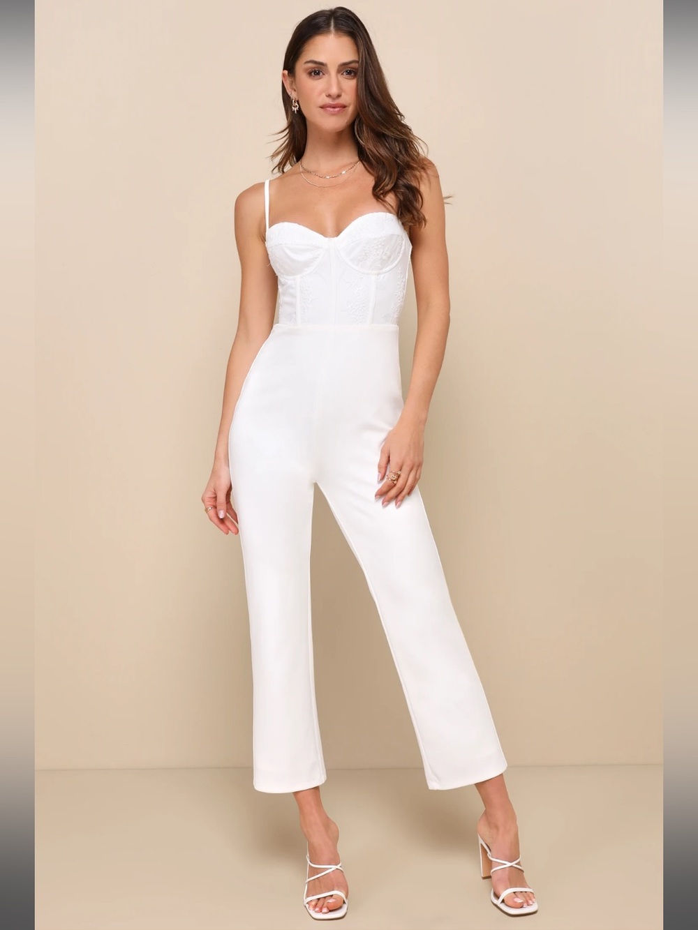 Iconic Design White Sequin Embroidered Bustier Slim Leg Jumpsuit  *short torso*